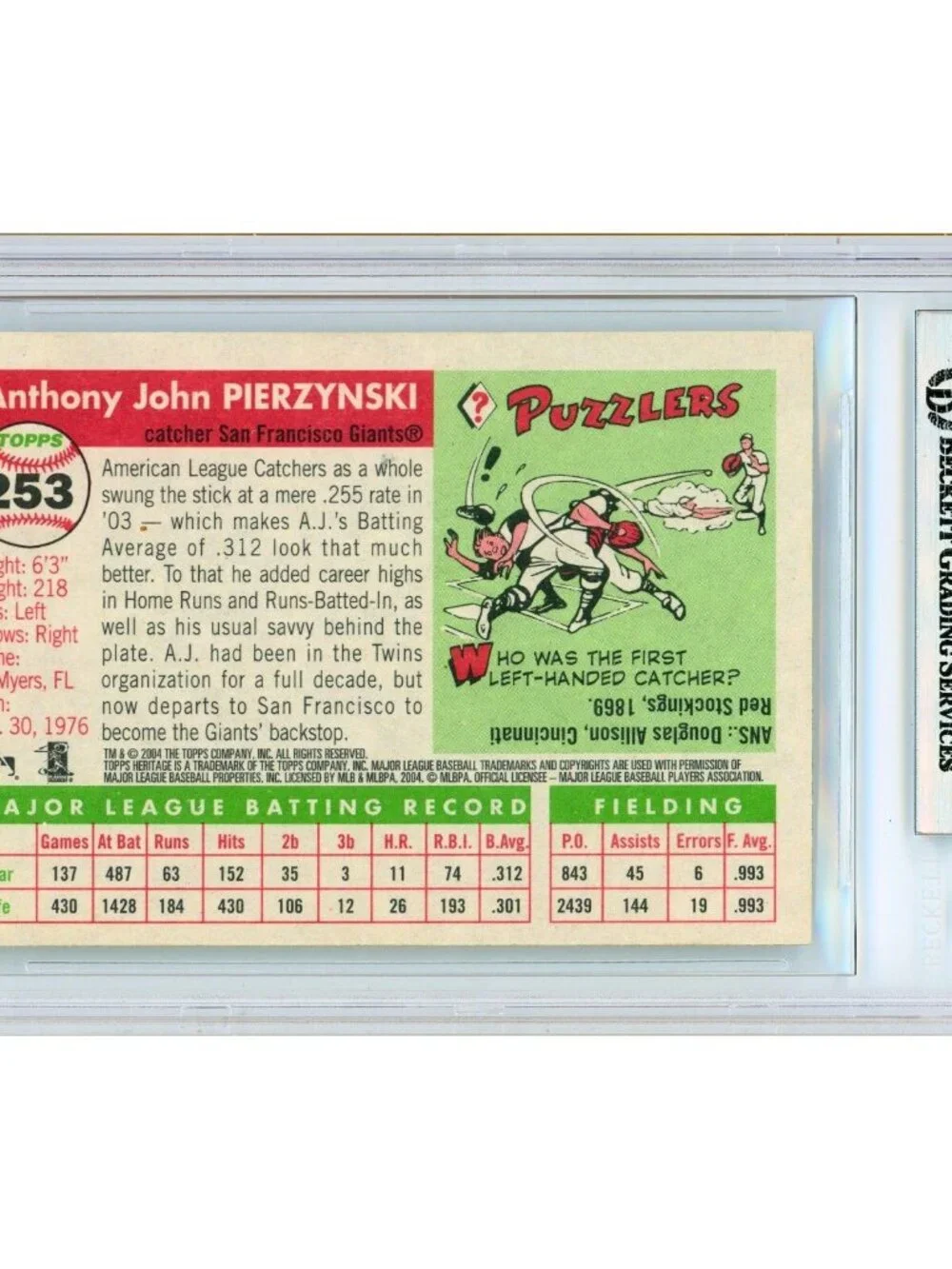 A.J. Pierzynski Signed 2004 Topps Heritage #253 Giants Card BAS Slab Auto
